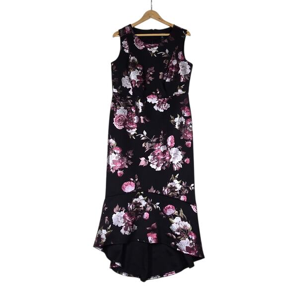 Enfocus High Low Maxi Sheath Dress 14W Black Pink Floral Rose Sleeveless Evening - Picture 1 of 14